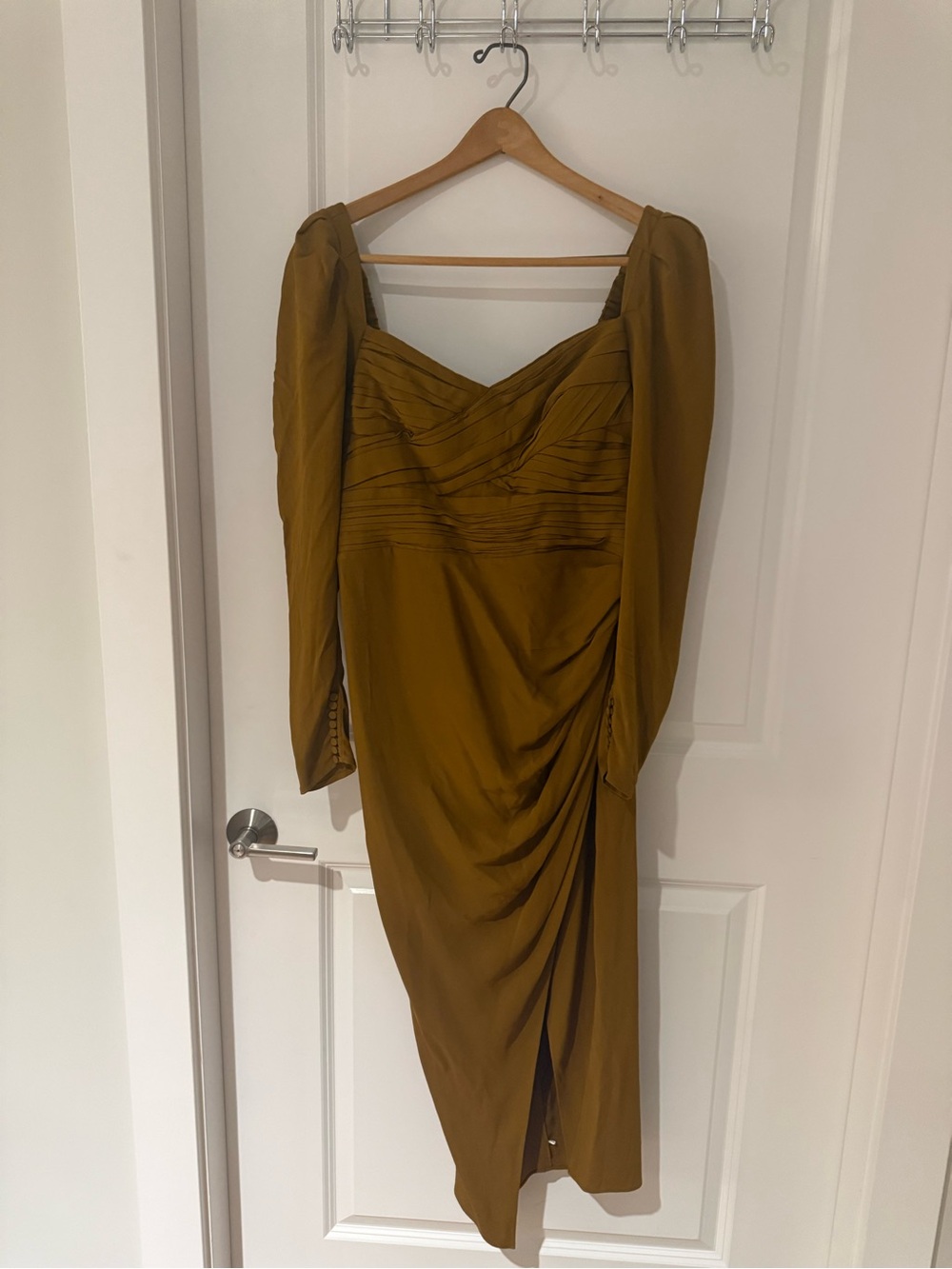Self-Portrait Mustard Long-Sleeve Ruched Midi Dress